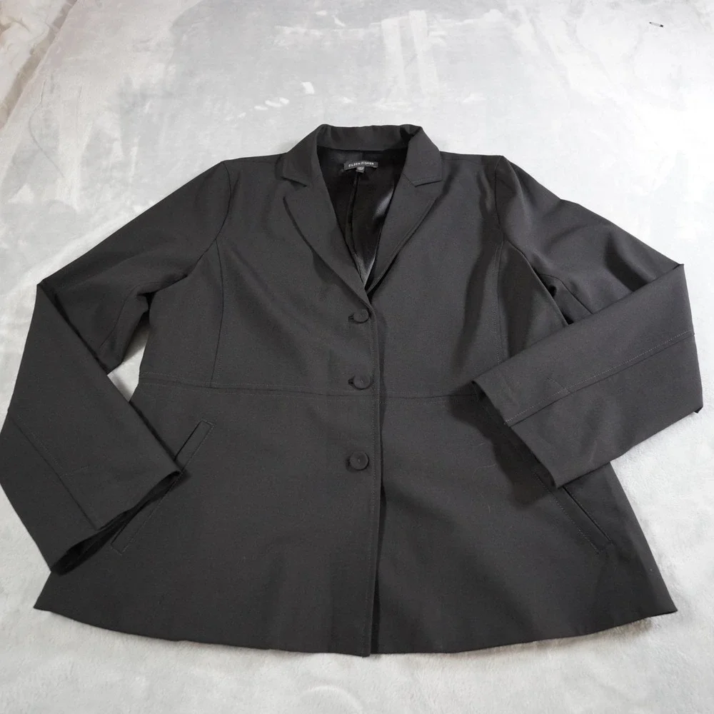 Eileen Fisher Wool Blazer Jacket Women L Black Minimalist Office Classic Stretch
